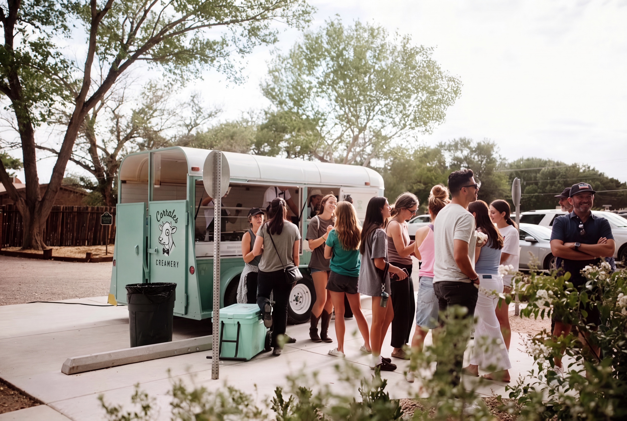 The Corrales Creamery vintage mint-green trailer serving a line of guests at an outdoor event